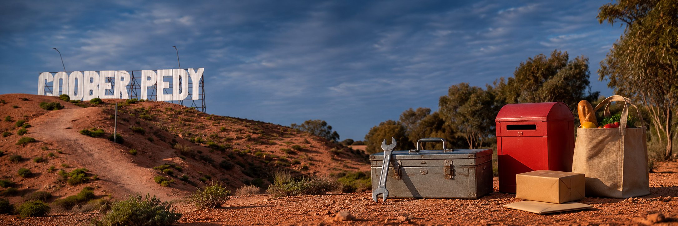 Toolbox, mailbox and grocery bag beside the Coober Pedy welcome sign